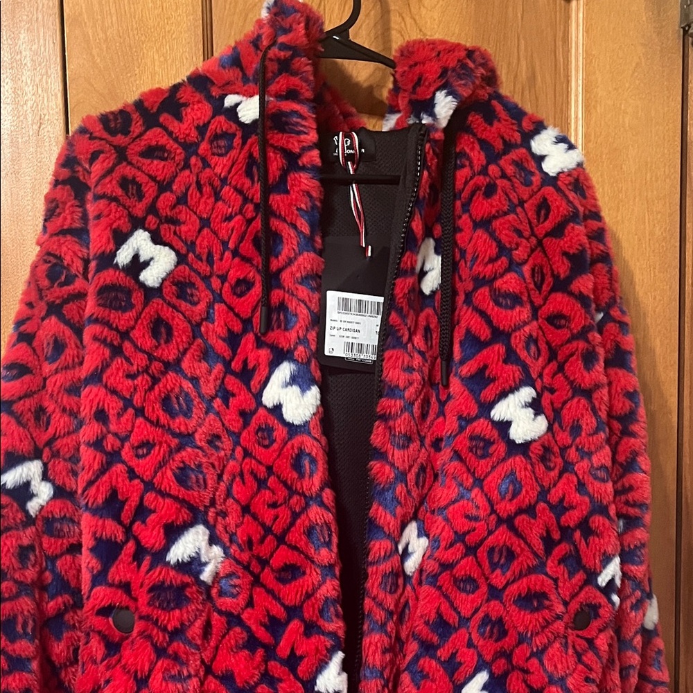 Moncler Grenoble zip up cardigan red, white, and blue monogram print faux fur